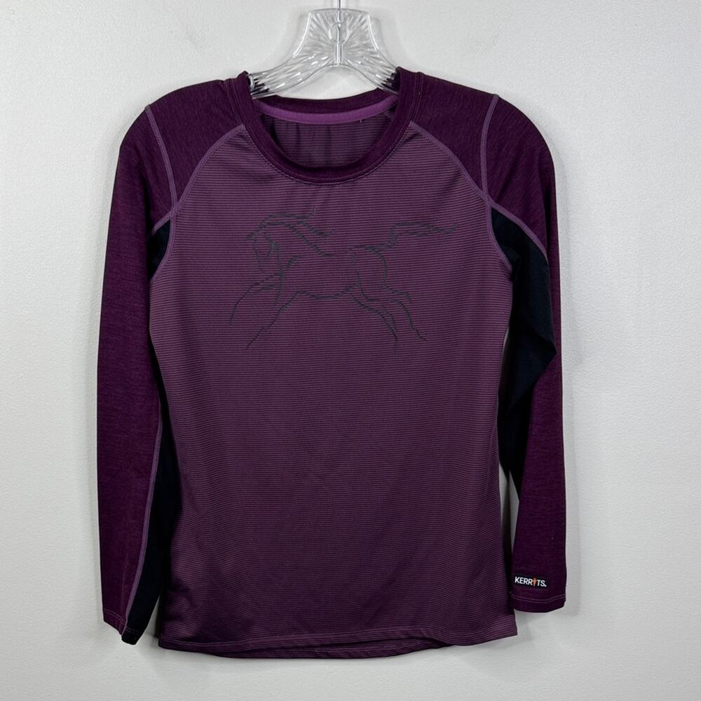Kerrits Kids XL First Pass Long Sleeve Horse Base Layer Purple Stripe Kwikwarm